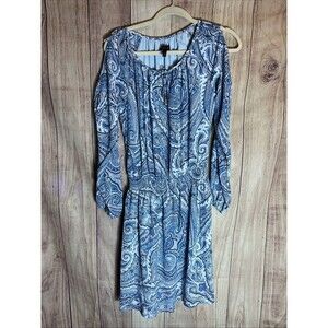 White House Black Market Women Blue Casual Dress SZ 2 Split Sleeve Smocked Waist